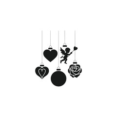 Charming Silhouette Ornaments with Cupid for Valentine's Day.A graphic design featuring a silhouette of a cupid holding a heart, surrounded by hanging ornaments in the shape of hearts and roses.