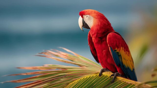 A vibrant red macaw parrot perches gracefully on a green palm frond against a blue background.
