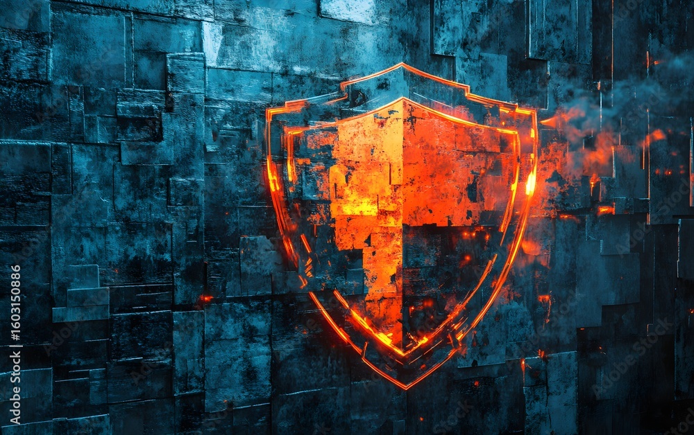 Poster a futuristic digital shield representing security and protection with vibrant colors and glowing eff