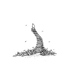 A lone figure ascends a precarious staircase constructed from debris and leads towards an open horizon