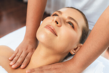 Caucasian woman customer enjoying relaxing anti-stress spa massage and pampering with beauty skin...