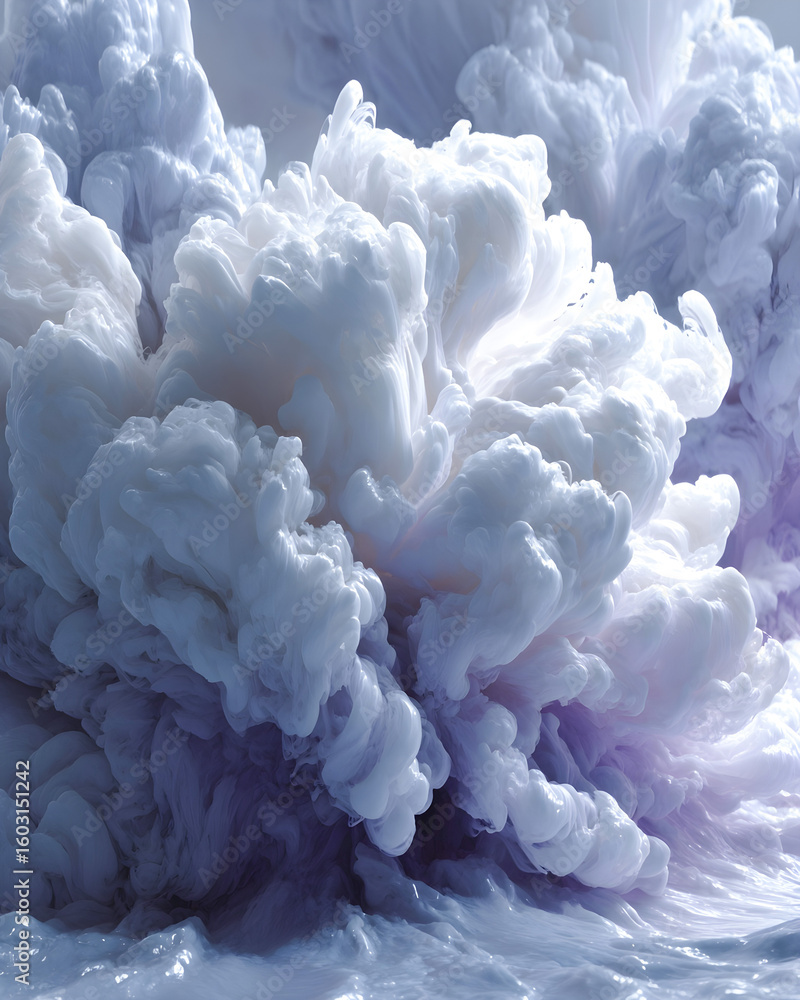 Poster abstract fluid art showcasing swirling clouds of white and lavender hues, creating a mesmerizing vis