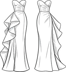 Fashion illustration of white evening gowns, ruffled design details, elegant formal wear template, stylish dress sketch for special occasions