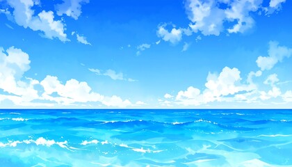 Fototapeta premium Scenic ocean view with a bright blue sky and scattered cloud formations over turquoise water
