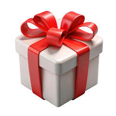3d white gift box with red ribbon isolated on transparent background