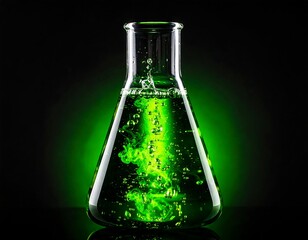 Green liquid in flask against black background
