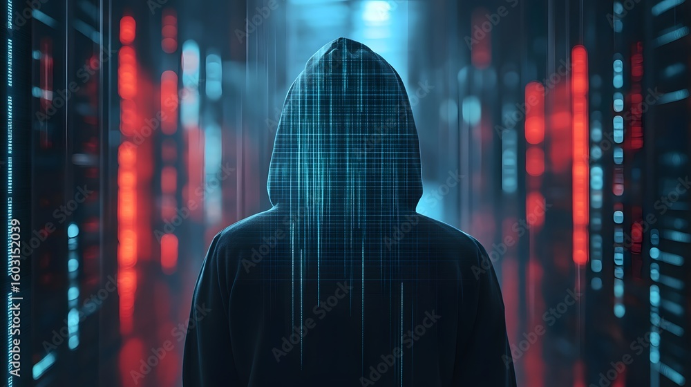 Poster a mysterious figure cloaked in a hoodie stands against a backdrop of illuminated server racks, symbo