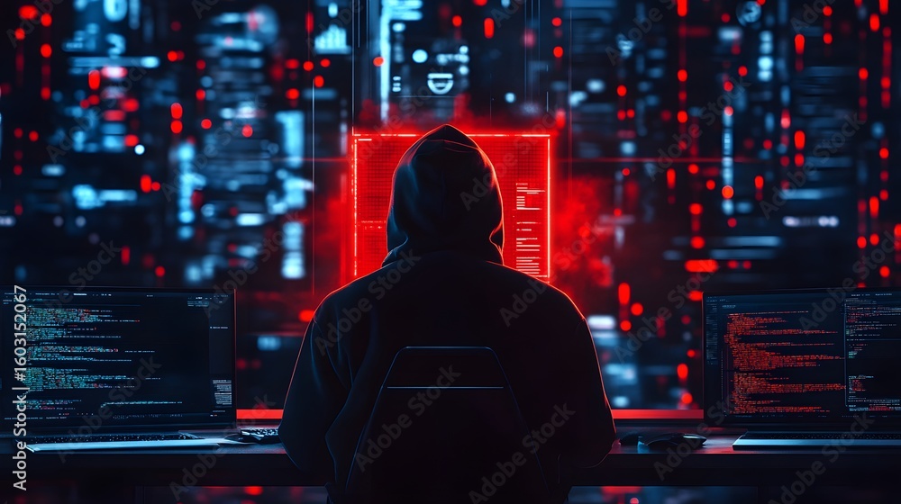 Poster a mysterious figure in a dark hoodie sits before multiple screens filled with code and vibrant digit