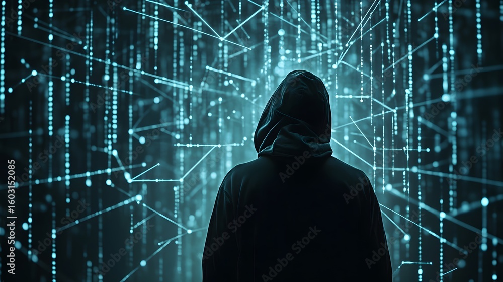 Poster a mysterious figure in a hooded sweatshirt stands in a digital landscape filled with streams of bina