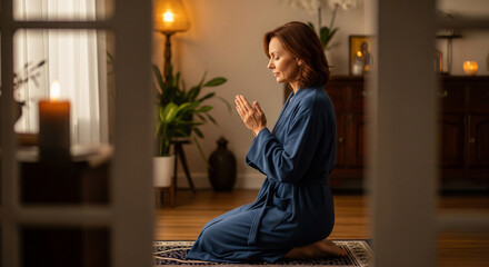 Evening worship and prayer at home, woman praying and meditating for spiritual faith, hope and gratitude, practicing mindfulness or giving thanks to God, Jesus and Christian faith in spirituality. Cat