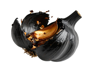 Floating black garlic bulb, peeled slightly to expose caramelized cloves, PNG