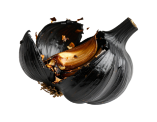 Floating black garlic bulb, peeled slightly to expose caramelized cloves, PNG