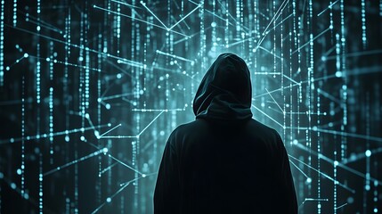 A mysterious figure in a hooded sweatshirt stands in a digital landscape filled with streams of binary code