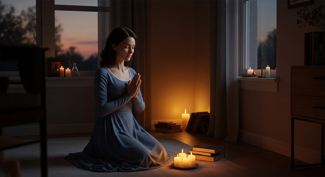 Evening worship and prayer at home, woman praying and meditating for spiritual faith, hope and gratitude, practicing mindfulness or giving thanks to God, Jesus and Christian faith in spirituality. Cat - Powered by Adobe