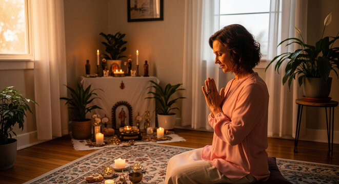 Evening worship and prayer at home, woman praying and meditating for spiritual faith, hope and gratitude, practicing mindfulness or giving thanks to God, Jesus and Christian faith in spirituality. Cat - Powered by Adobe