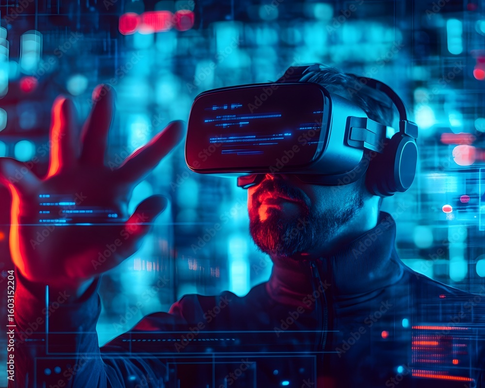 Poster a person experiences virtual reality with a headset, interacting with digital elements in a futurist