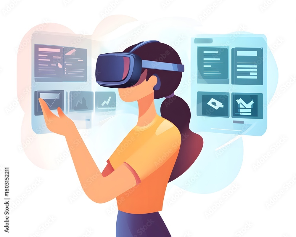 Poster a person engaged in a virtual reality environment, exploring digital interfaces and data visualizati