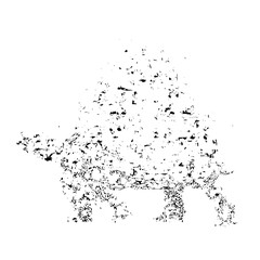 Abstract depiction of an elephant created using black splatters and scattered lines on a white background