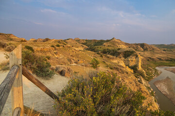 View from Wind Canyon Trail in Theodore Roosevelt National Park at golden hour