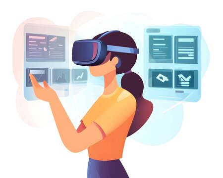 A person engaged in a virtual reality environment, exploring digital interfaces and data visualizations, showcasing the innovative blend of technology and user interaction.
