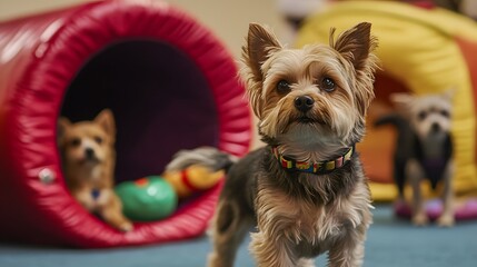 A playful group of small Yorkshire Terriers in a colorful pet daycare setting, exploring their surroundings with curiosity and joy, showcasing the lively spirit of canine companion