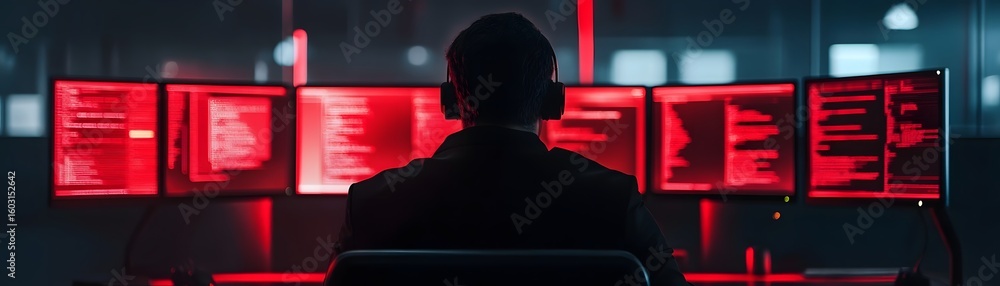 Poster a silhouette of a person in headphones sitting in front of multiple screens displaying code and data