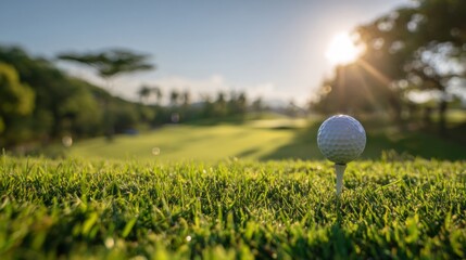 A lush green golf course with a close-up of a golf ball resting on a tee, with the sun shining in the background and a clear blue sky overhead.