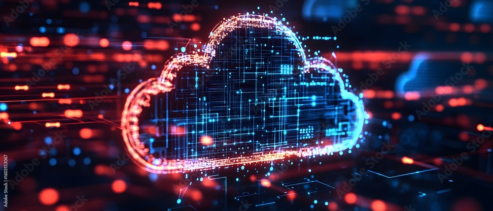 Poster a vibrant digital illustration of a cloud symbol, showcasing data streaming and connectivity. this a