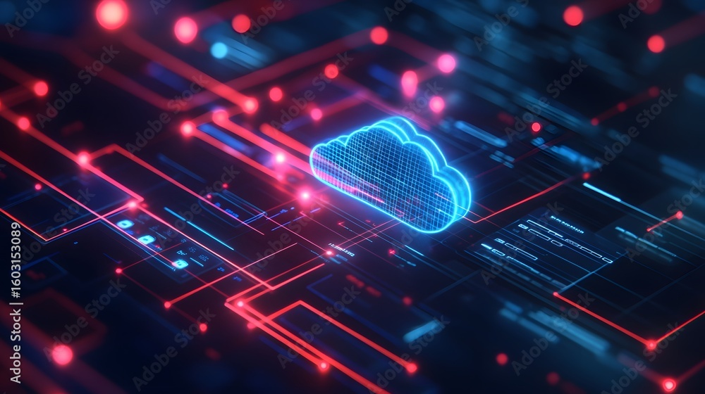Poster a vibrant digital illustration of a cloud symbol surrounded by interconnected data streams and glowi