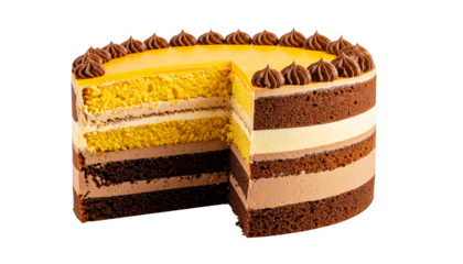 Colorful layered cake with yellow and choclate brown frosting isolated on transparent background.pastry of cake
