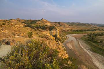 View from Wind Canyon Trail in Theodore Roosevelt National Park at golden hour