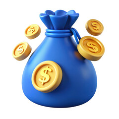 3d blue money bag with gold coins isolated on transparent background