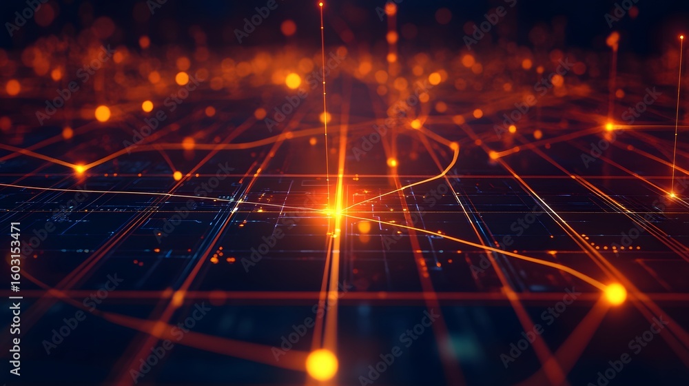 Poster abstract digital network with glowing connections, representing the flow of data in a modern tech en
