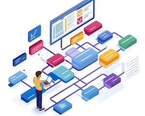 An individual interacts with a digital workflow interface, showcasing data management and organization through colorful flowchart elements. Ideal for illustrating tech concepts.