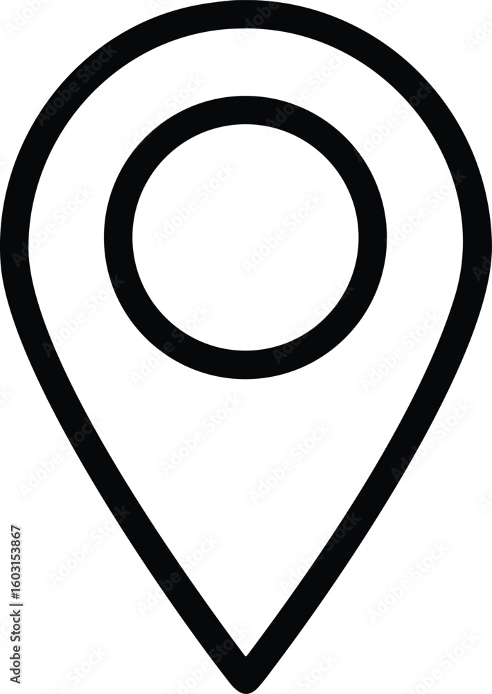 Poster a single black outline vector icon representing a location marker isolated on transparent background