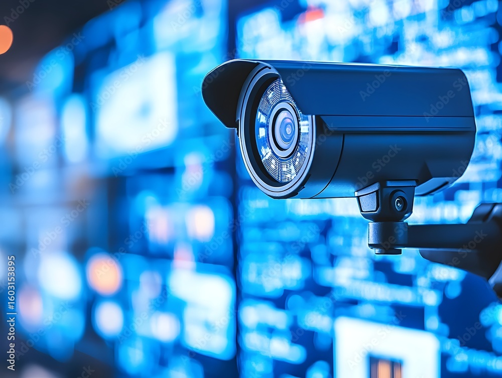 Poster high-definition security camera monitoring a digital environment, capturing real-time footage and pr