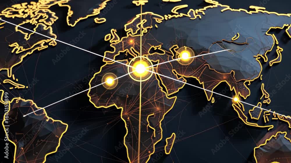 Poster visual representation of global connectivity with glowing lines across continents and a highlighted 