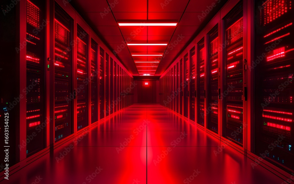 Poster this image showcases a futuristic server room illuminated by red lights, emphasizing modern technolo