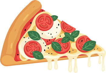 Illustration of a slice of margherita pizza with tomatoes mozzarella and basil on white background