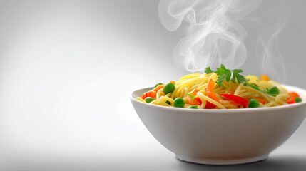 A bowl of hot noodles with mixed vegetables emits steam against a clean white and grey background with copy space.
