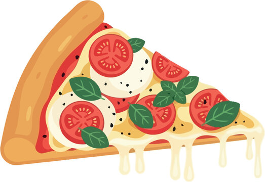 Illustration of a slice of margherita pizza with tomatoes mozzarella and basil on white background