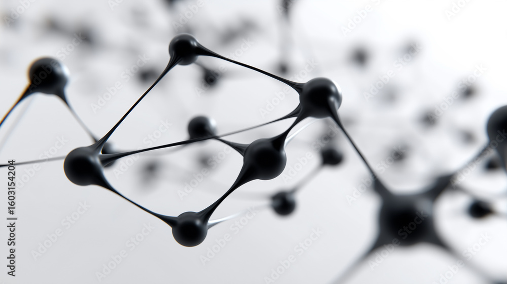 Poster a 3d rendering of black connected spheres forms an abstract molecular or network structure on a whit