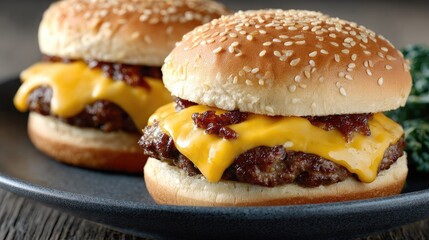 Delicious cheeseburgers feature juicy beef patties, melted cheddar, and fresh lettuce and tomato, displayed beautifully in natural light