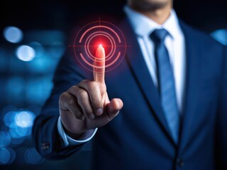 Businessman s finger interacting with a futuristic red digital target interface