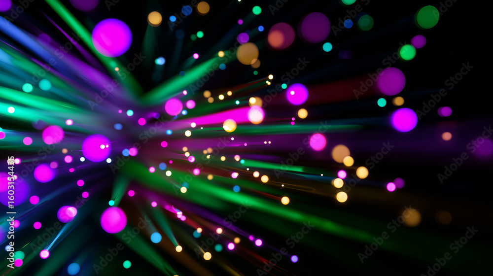 Poster an abstract background features colorful light trails and bokeh effects on a black backdrop, suggest
