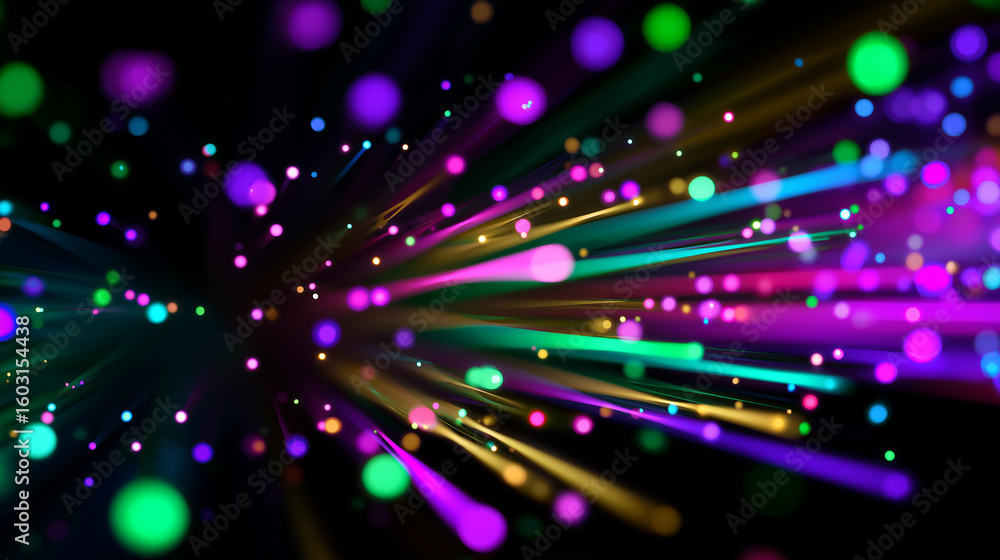 Poster an abstract background features colorful light trails and bokeh effects on a black backdrop, suggest