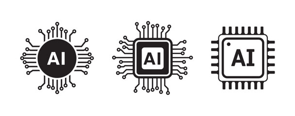 Set of seven minimalist flat vector artificial intelligence microchip icons for technology and innovation branding