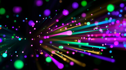 Naklejka premium An abstract background features colorful light trails and bokeh effects on a black backdrop, suggesting energy and motion. 