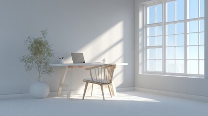 Fototapeta premium A minimalist home office with a minimalist desk, a laptop, a chair, and a small indoor plant, with a bright window creating an inviting and organized space