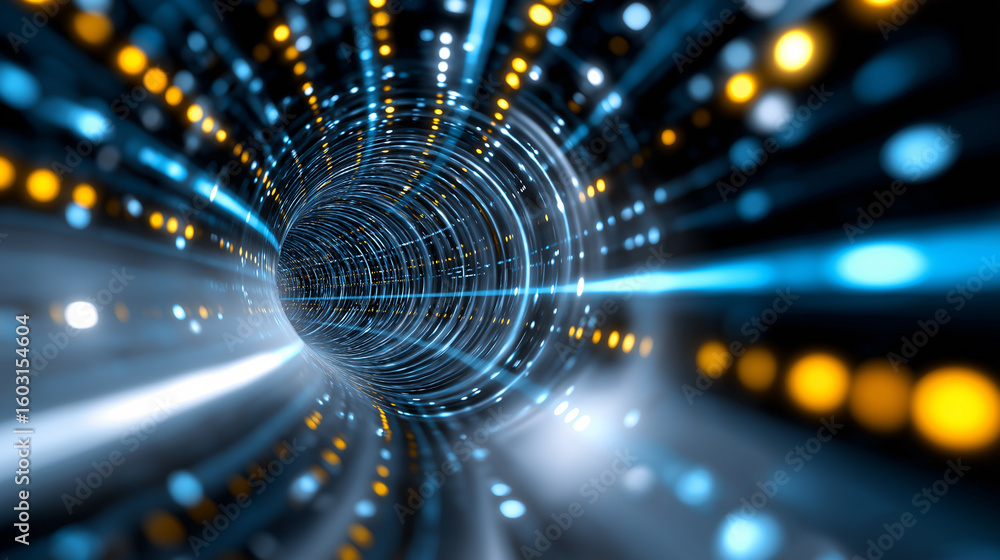 Poster an abstract visual of a futuristic light tunnel with glowing blue and orange data streams, represent